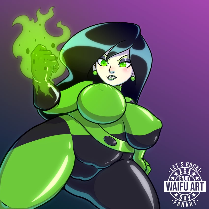 black_hair bodysuit busty chubby disney disney_channel dominant_female dominatrix female_only green_eyes kim_possible latex_gloves latex_suit long_hair sadistic_girl shego voluptuous waifuartdhv whip