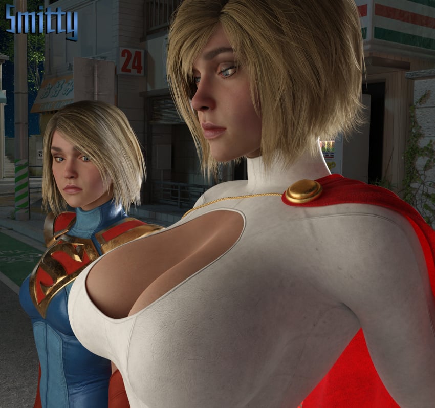 2girls 3d 3d_(artwork) alien alien_girl big_breasts big_tits blonde_hair breast_envy breast_focus breast_size_difference cleavage cleavage_cutout dc dc_comics female female_only girl_staring_at_guy&#039;s_chest huge_breasts implied_yuri injustice_2 kara_danvers kara_zor-el kara_zor-l karen_starr kryptonian large_breasts light-skinned_female light_skin looking_at_breasts meme netherrealm_studios power_girl power_girl_(injustice) short_hair smitty34 staring_at_breasts supergirl supergirl_(injustice) superheroine superman_(series) tagme