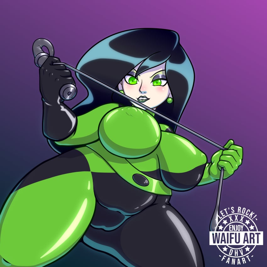 black_hair bodysuit busty chubby disney disney_channel dominant_female dominatrix female_only green_eyes kim_possible latex_gloves latex_suit long_hair sadistic_girl shego voluptuous waifuartdhv whip