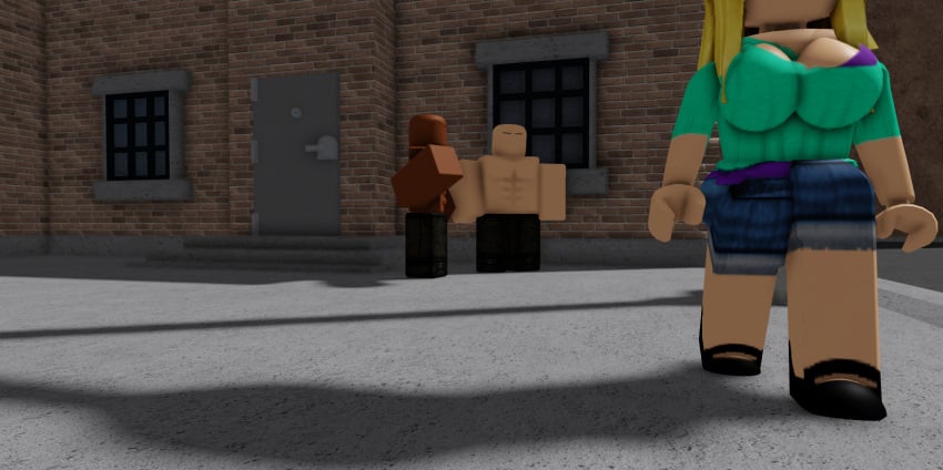 1girls 2boys 3d big_breasts blonde_hair da_hood muscular_male roblox roblox_game robloxian self_upload stare stupidsull tagme