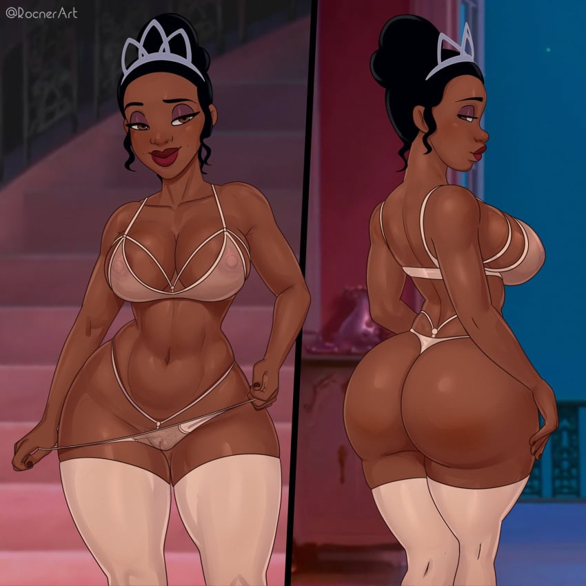 1girls big_ass big_breasts black_hair bubble_ass dark-skinned_female dark_skin dat_ass disney disney_princess female female_only hourglass_figure naked_female nipples_visible_through_clothing panties rocner round_ass see-through solo solo_female text the_princess_and_the_frog thick_thighs thighhighs tiana