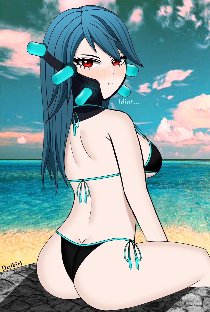 ass back beach bikini blue_hair blush daikiri_di_mon fortnite fortnite:_battle_royale looking_back mask red_eyes slurpentine