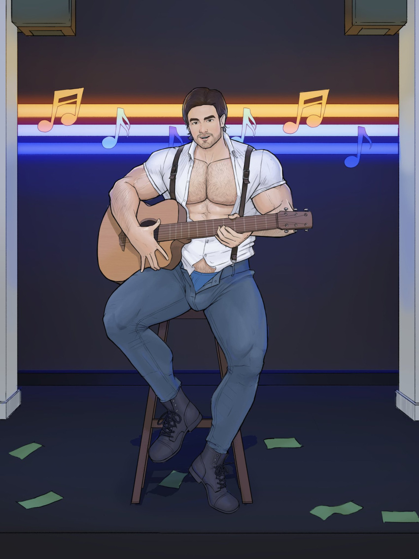 1boy biceps bulge bulging_biceps caucasian caucasian_male celebrity flaccid guitar hairy_chest male male_only muscles muscular muscular_male music_notes musician pecs playing_guitar real_person singing sitting solo solo_male spread_legs steve_grand the_strip_club_(luisja_series) thick_thighs unbuttoned_shirt unzipped_pants vir_vidal