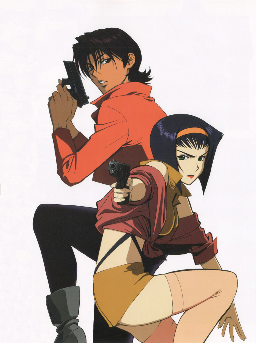 2girls black_hair breasts cowboy_bebop dark-skinned_female dark_skin duo electra_ovilo faye_valentine female gun human light-skinned_female light_skin official_art short_hair tagme toshihiro_kawamoto weapon white_background