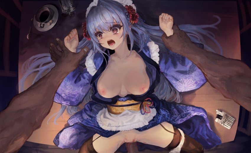 1boy alber big_breasts blood blue_hair breasts censored clenched_hand clothes_lift crying defloration female flower hair_ornament held_down highres huge_filesize japanese_clothes kimono kimono_lift koi_ga_saku_koro_sakura_doki large_breasts long_hair lying maid nipples on_back open_clothes open_kimono open_mouth pain panties_around_leg penis pov pussy rape red_eyes restrained screaming source_request spread_legs table tears thighhighs tsukishima_yuuri vaginal_penetration virgin virginal_blood