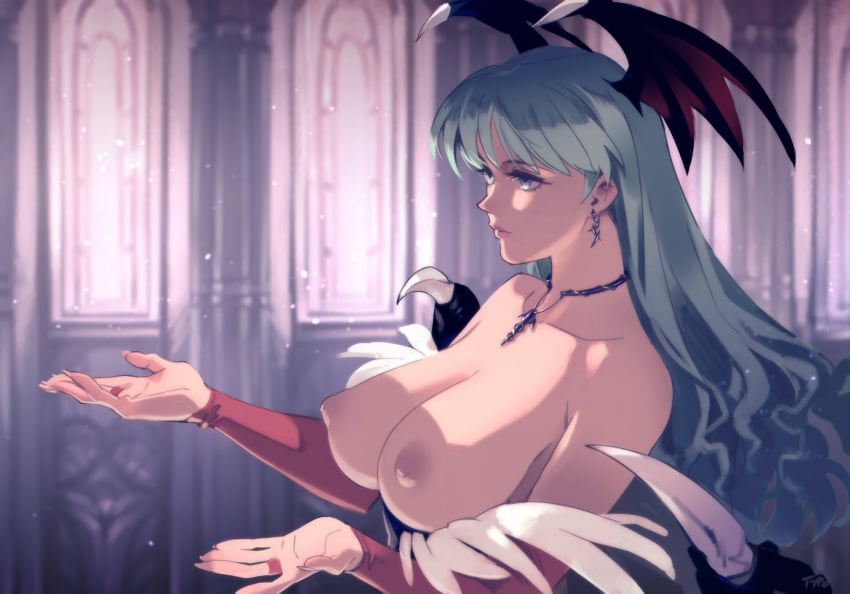 1girls 2023 absurd_res artist_name bare_shoulders breasts capcom church clothing darkstalkers demon_girl demon_wings detached_sleeves earrings expressionless female female_focus female_only floating_hair green_eyes green_hair hands_up head_wings highres indoors jewelry large_breasts long_fingernails long_hair matching_hair/eyes morrigan_aensland necklace nipples optionaltypo sharp_fingernails signature solo succubus wings