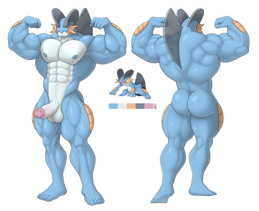 1boy 2023 5_fingers 5_toes abs anthro anthro_only anthrofied ass ass athletic athletic_anthro athletic_male back_view balls bayou_(character) behind_view belly_button black_eyes blue_body blue_feet blue_nipples blue_skin circumcised color_palette color_swatch commission digital_media_(artwork) erection fan_character feet fins flexing flexing_arms flexing_bicep front_view game_freak generation_3_pokemon genitals half-closed_eyes hi_res humanoid_genitalia humanoid_penis male male_only model_sheet multiple_angles multiple_views muscular muscular_anthro muscular_arms muscular_male muscular_thighs naked navel nintendo nipples nude penis pokemon pokemon_(species) reference_image simple_background solard0gg0 solo standing swampert translucent two_tone_body white_background white_balls white_body white_penis white_skin yellow_sclera