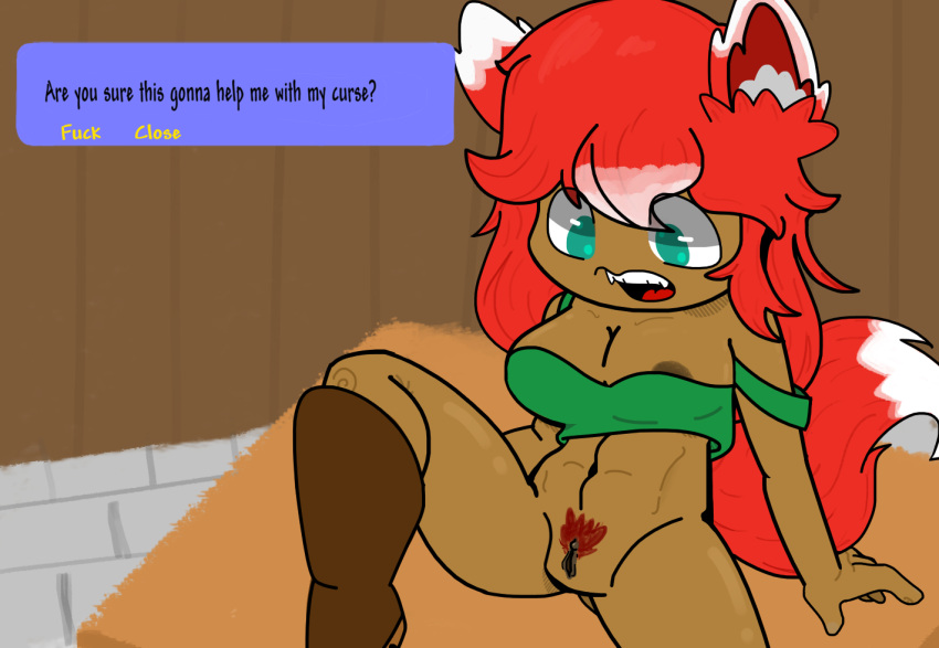 1girls brown_skin cyan_eyes fox_ears fox_girl fox_tail pubic_hair pussy red_hair sir_apasaurio terraria text zoologist_(terraria)