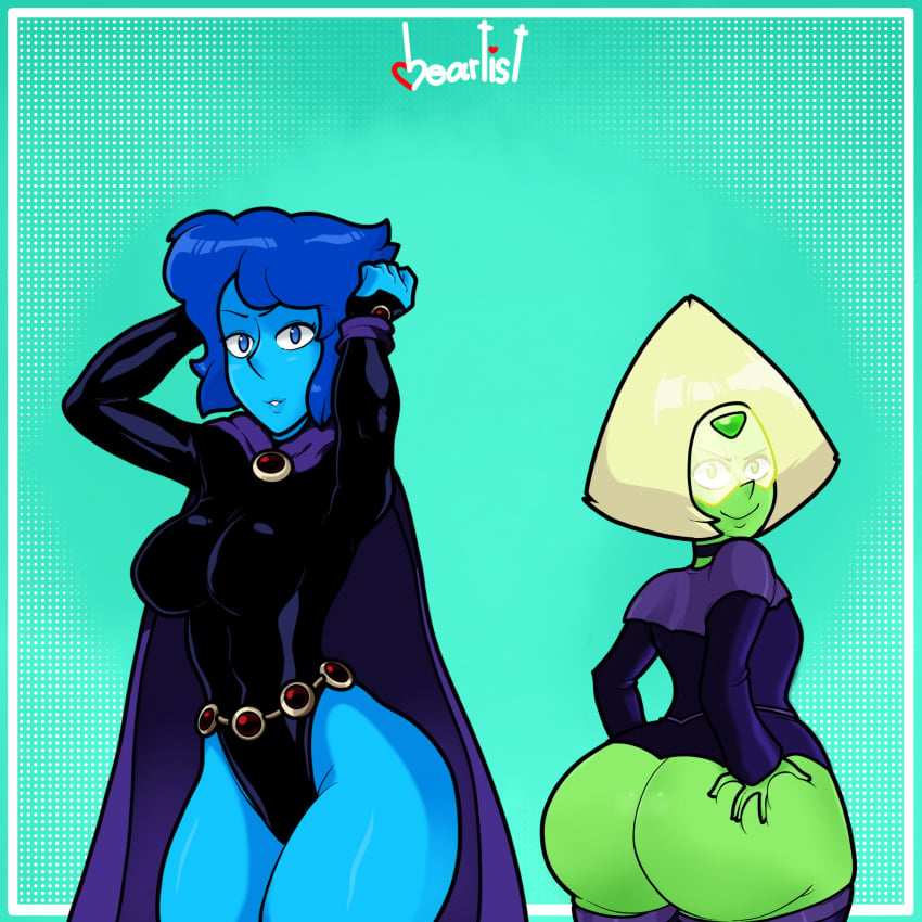 2girls ass ass_grab belt big_ass big_breasts blue_body blue_eyes blue_hair blue_skin breasts cartoon_network cloak cosplay crossover crossover_cosplay dat_ass dc dc_comics female female_only green_body green_skin heartist huge_ass huge_breasts jinx_(dc) jinx_(dc)_(cosplay) lapis_lazuli_(steven_universe) large_ass large_breasts leotard looking_at_viewer multiple_girls peridot_(steven_universe) raven_(cosplay) raven_(dc) short_hair smile smiling smiling_at_viewer steven_universe teen_titans tight_clothes tight_clothing tight_leotard