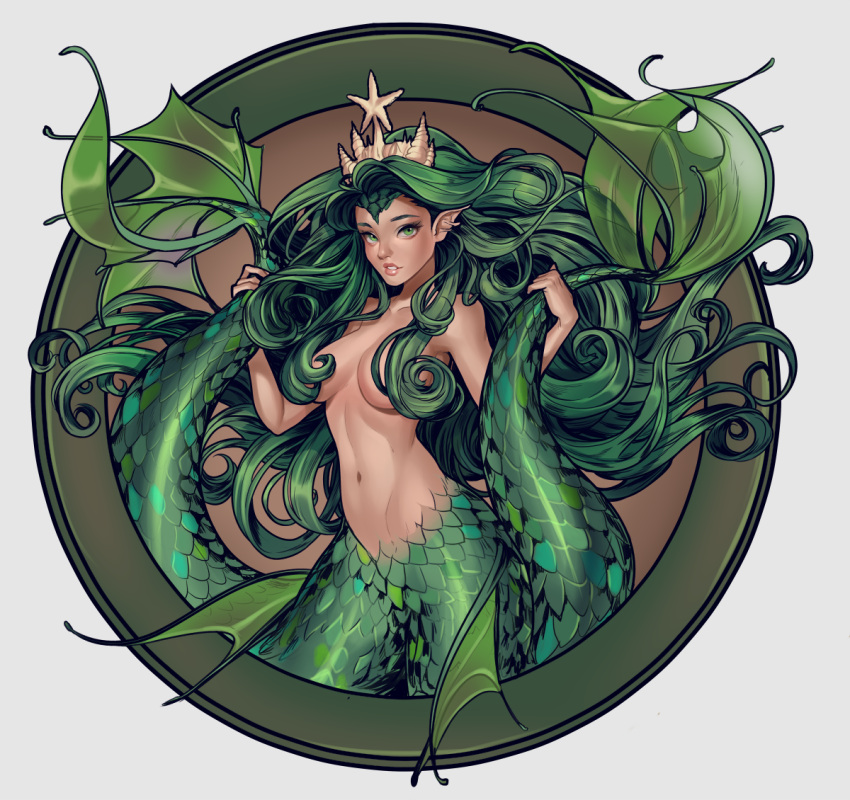 1girls belly_button big_breasts covered_nipples creature crown female green_eyes green_hair green_scales green_tail light-skinned_female light_skin logo long_hair melusine_(creature) mermaid moomill pointy_ears public_domain scales simple_background siren starbucks starbucks_siren wavy_hair white_background