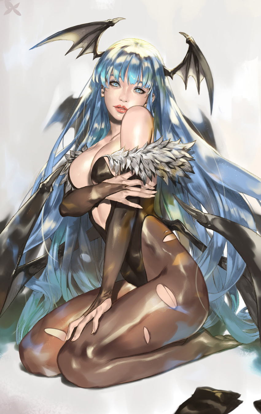 1girls athletic_female bare_shoulders bat_wings blue_eyes blue_hair braveking breasts bridal_gauntlets cleavage clothing clothing_cutout darkstalkers demon_girl fur_trim head_wings heart_cutout highres holding_own_arm horns large_breasts leotard long_hair looking_at_viewer low_wings medium_breasts morrigan_aensland pantyhose parted_lips red_lips ripped_pantyhose seiza sitting solo solo_female succubus torn_clothes torn_pantyhose vampire_(game) very_long_hair wings