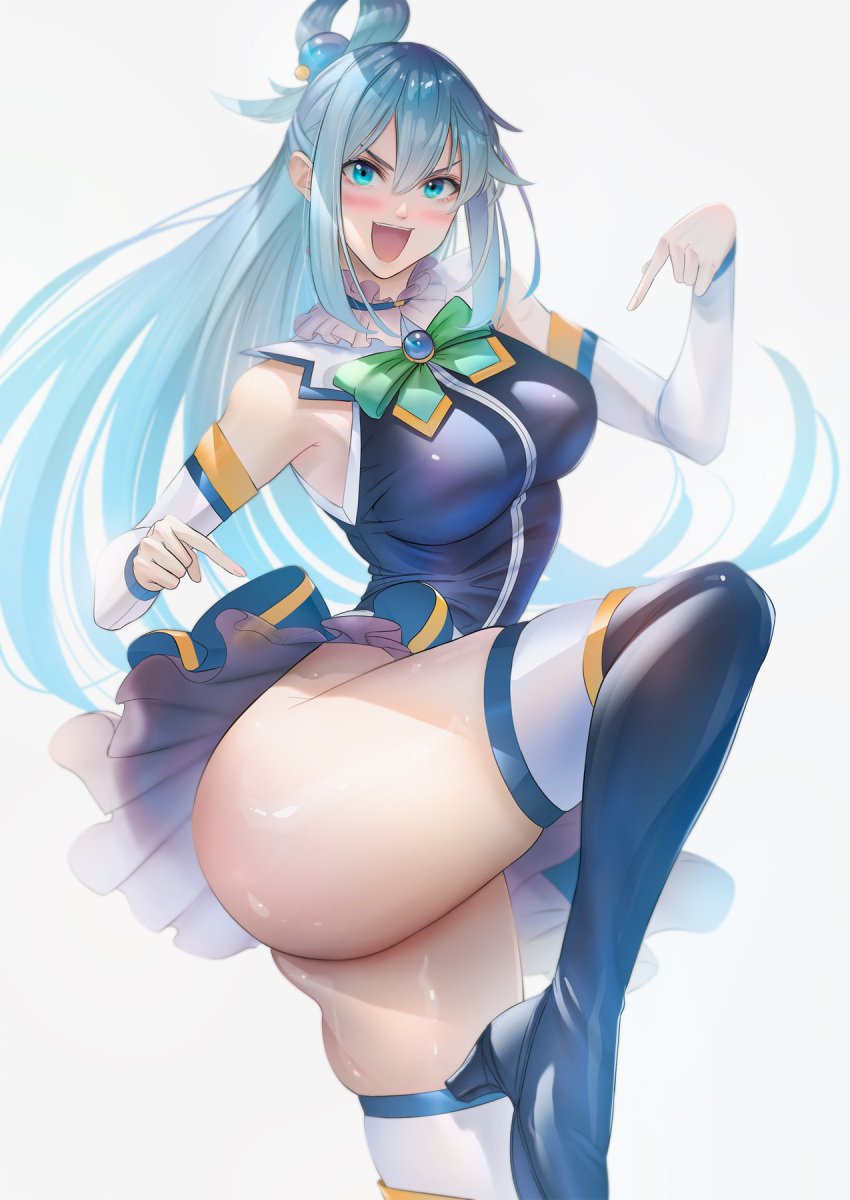 1girls aqua_(konosuba) ass big_ass big_breasts big_butt blue_eyes blue_hair blue_shirt blush boots bow breasts choker detached_sleeves fat_ass female female_only gem green_bow hair_between_eyes hair_ornament high_heel_boots high_heels highres imizu_(nitro_unknown) kono_subarashii_sekai_ni_shukufuku_wo! large_breasts leg_up legs long_hair no_panties open_mouth pointing shiny_skin shirt skirt sleeveless sleeveless_shirt smile solo thick_ass thick_thighs thigh_boots thighs white_background