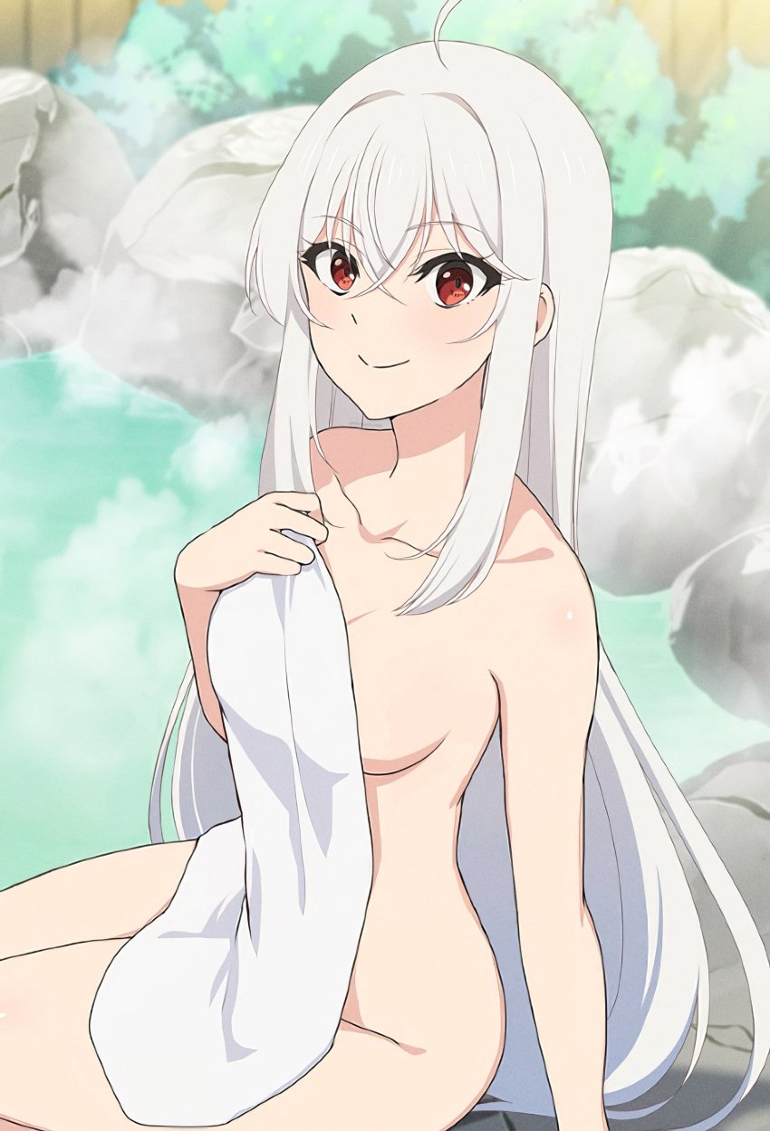 1girls arm_support artist_request blush breasts covering female female_only highres legs long_hair looking_at_viewer medium_breasts ninym_ralei nude official_art onsen open_mouth red_eyes rock round_teeth sitting smile solo steam teeth tensai_ouji_no_akaji_kokka_saiseijutsu thighs towel very_long_hair white_hair