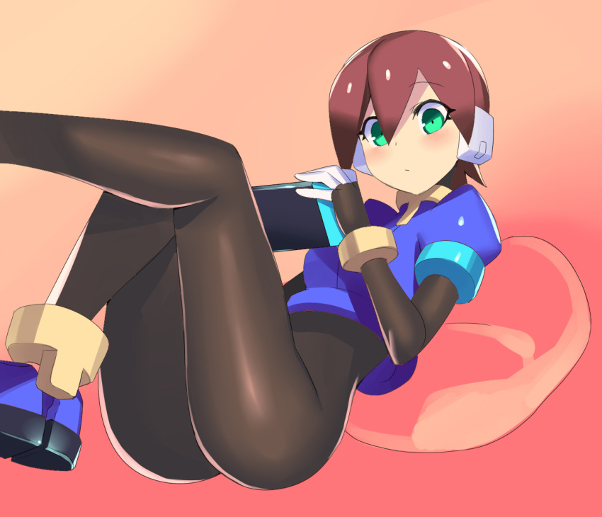 1girls aile ass blush bodysuit bottomless brown_hair legs mega_man mega_man_zx nintendo_switch playing_videogame thighs ukimukai