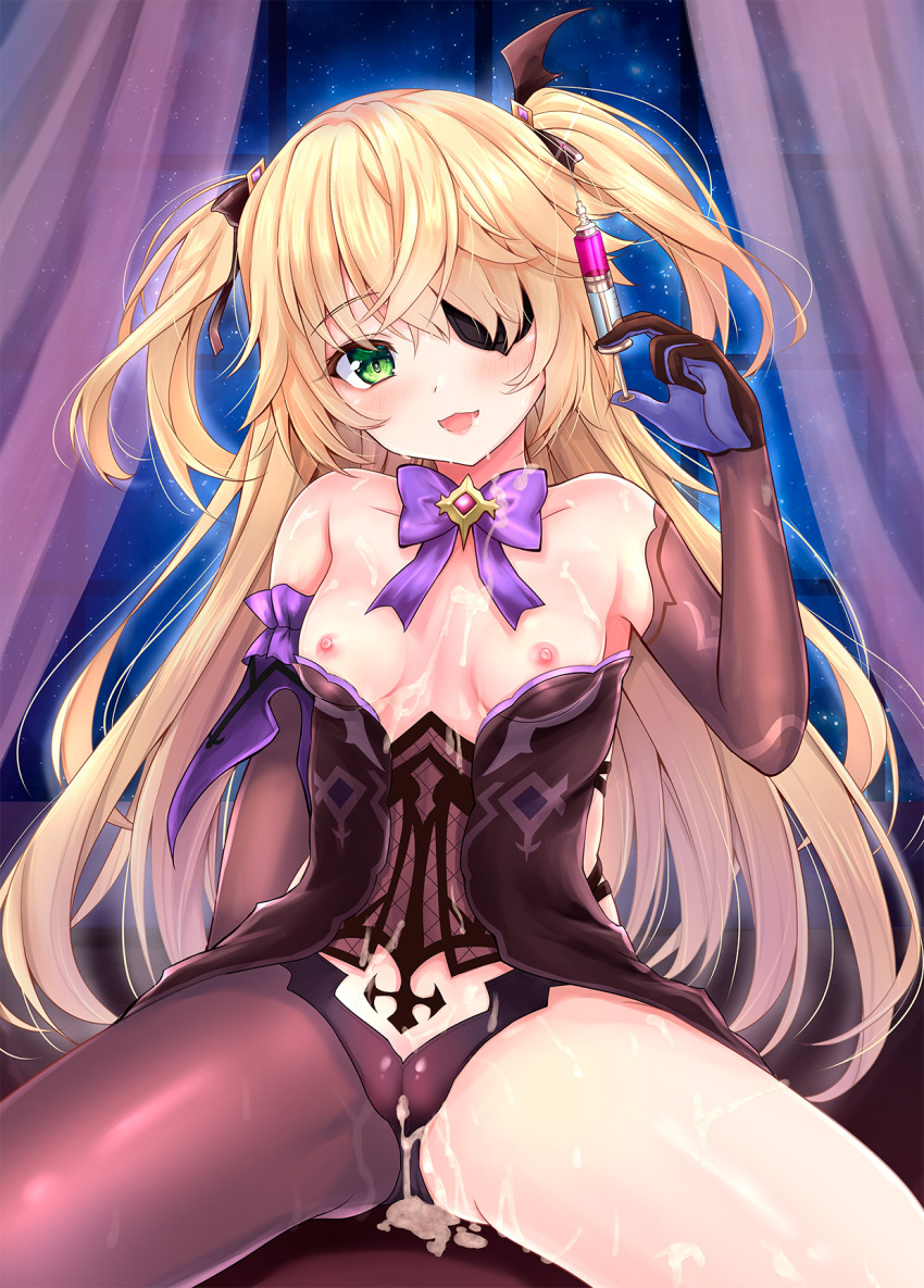 bare_shoulders bat_ornament black_ribbon blonde_hair blush bodystocking bow bowtie breasts collar cum cum_in_mouth cum_in_pussy cum_on_body cum_on_breasts eyepatch female fischl_(genshin_impact) genshin_impact gloves green_eyes hair_over_one_eye hair_ribbon highres leotard long_hair looking_at_viewer medium_breasts open_mouth purple_bow purple_bowtie purple_ribbon ribbon shaian single_leg_pantyhose single_sleeve smile solo syringe tailcoat textless_version two_side_up