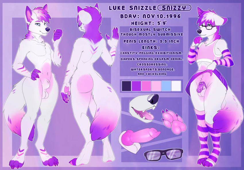 absurd_res anthro canid canine canis chastity_cage chastity_device clothed clothing crossdressing english_text eyewear girly glasses hi_res luke_snizzle male mammal miraoff model_sheet solo text wolf