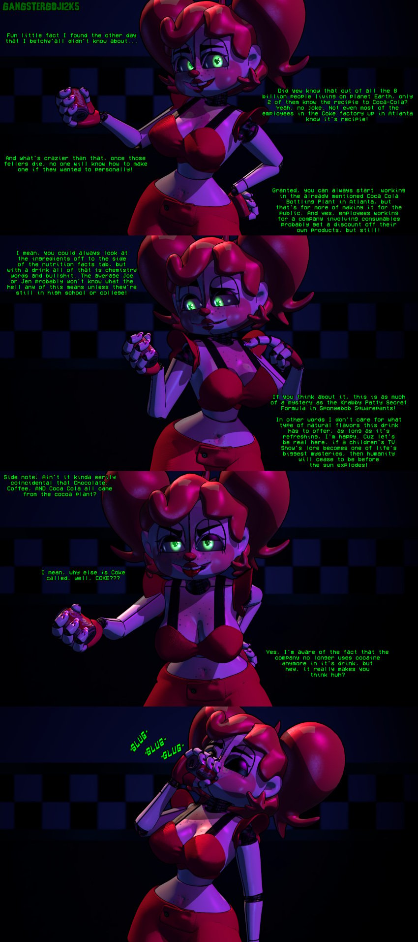 1girls 3d 3d_(artwork) baby_(fnafsl) bra circus_baby circus_baby_(fnaf) coca-cola comic dialogue female female_only five_nights_at_freddy's five_nights_at_freddy's:_sister_location gangstergoj12k5 green_eyes haunted looking_at_viewer pigtails possessed red_hair shoes shorts sister_location so87baby solo solo_female summer_of_87_baby talking_to_viewer text thighhighs twintails