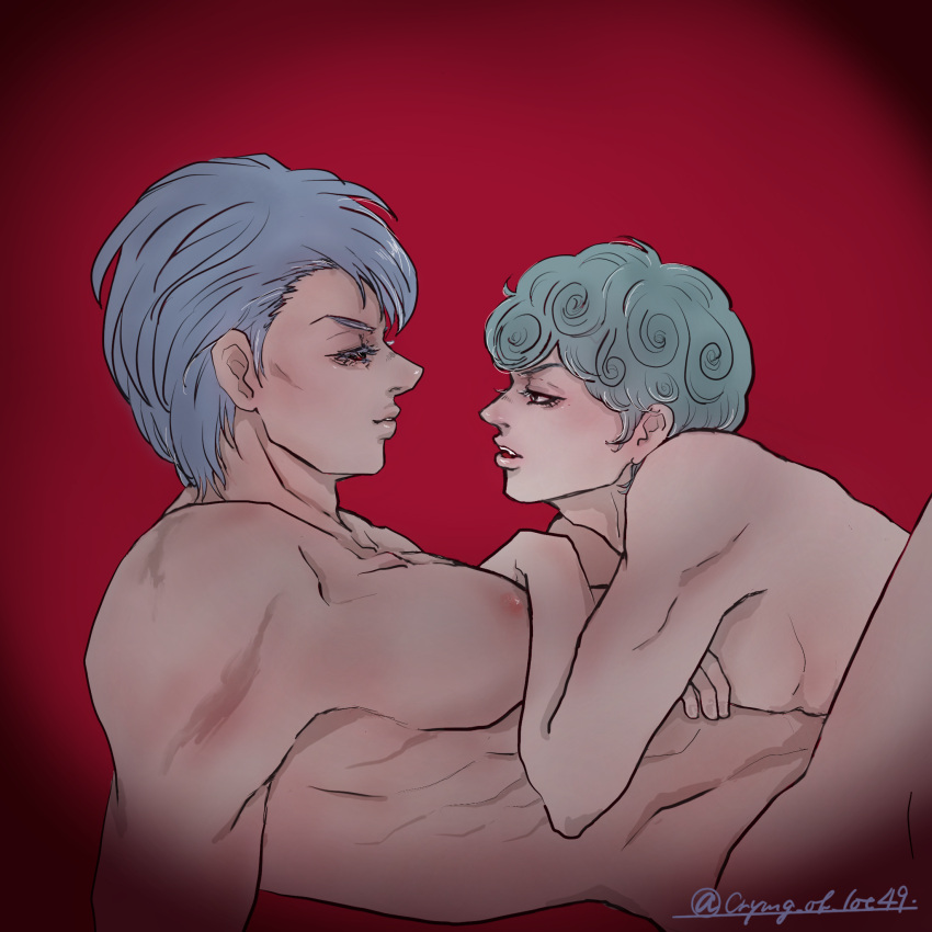 2boys blue_hair crying_of_lot49 eye_contact gay ghiaccio grey_hair jojo's_bizarre_adventure looking_at_partner male male/male male_only muscular_male nude_male risotto_nero size_difference skinny_male vento_aureo yaoi