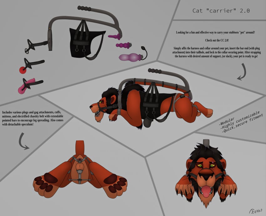 animal ball_gag bondage cat_carrier chastity_cage chastity_device cock_gag collar contraption_concept disney feral gag hi_res immobilization male open_mouth pawpads ring_gag scar_(the_lion_king) shock_collar solo tellico the_lion_king