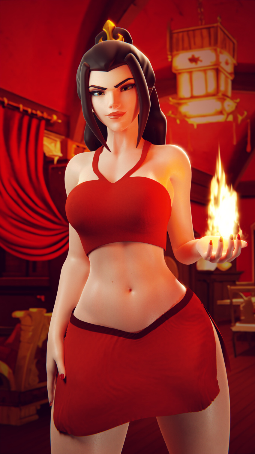 1girls 3d asian asian_female avatar_legends avatar_the_last_airbender azula black_hair clothed clothed_female female female_only fire fire_nation firebending fully_clothed looking_at_viewer nail_polish navel red_nail_polish solo solo_female standing