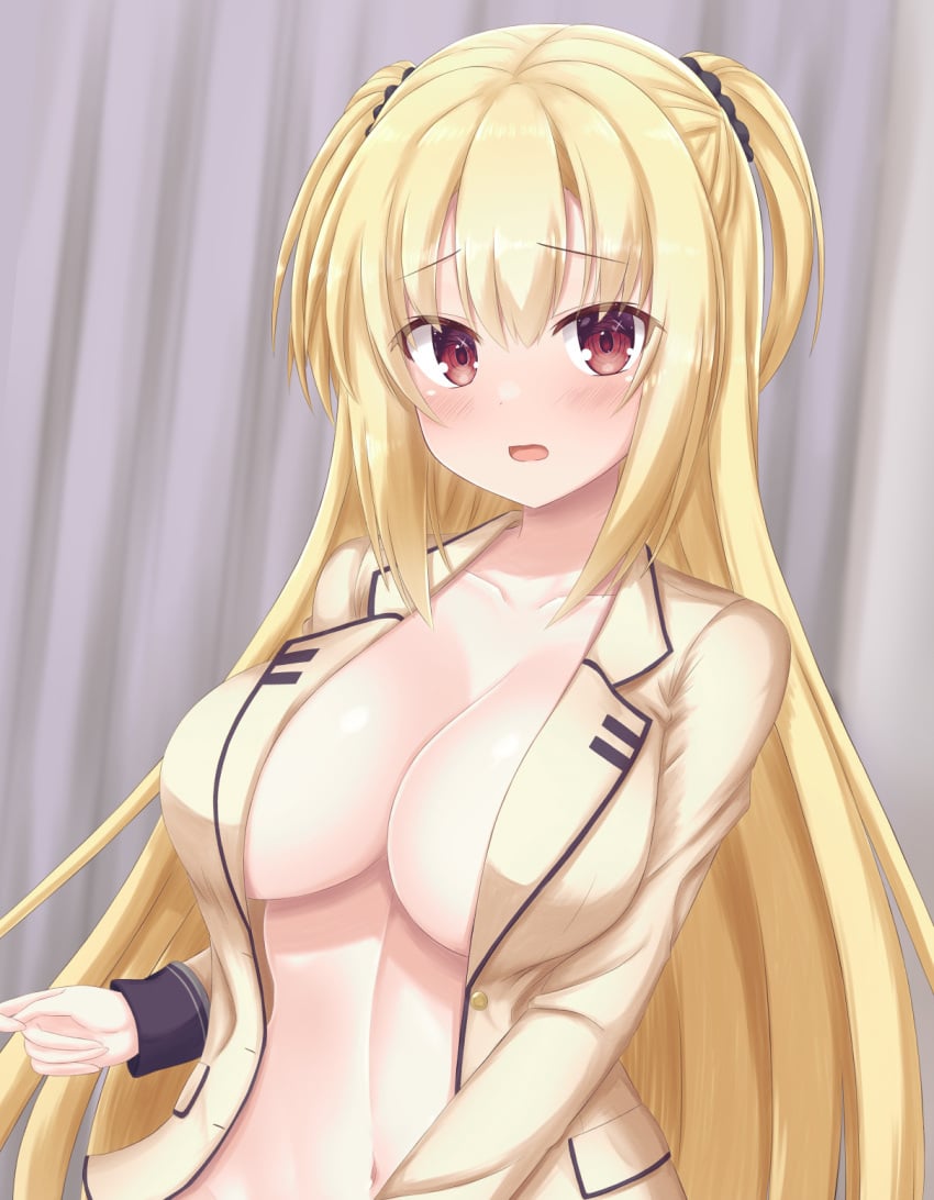 1girls arihara_nanami belly_button blonde_hair blush breasts covered_nipples eyebrows_visible_through_hair female female_only indoors inner_sideboob light-skinned_female light_skin red_eyes riddle_joker solo yunagi1373 yuzu-soft