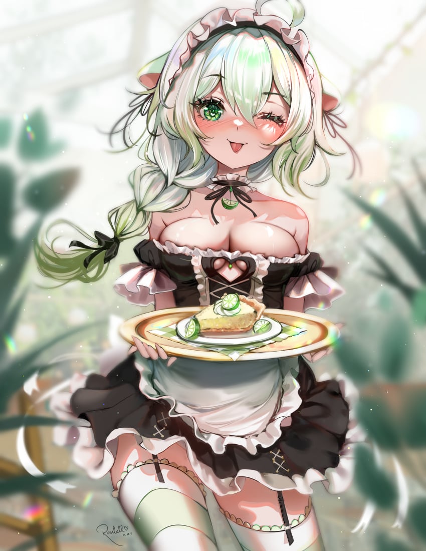 absurd_res blush braid choker cleavage cleavage_cutout garter_belt green_eyes green_hair indie_virtual_youtuber laimu lime maid maid_uniform medium_breasts multicolored_hair pie rosebell_(artist) stockings straps thighhighs two_tone_hair vinesauce virtual_youtuber vtuber