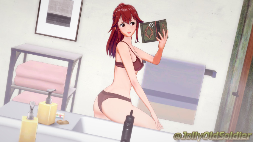 1girls 3d anna_(fire_emblem) anna_(fire_emblem_awakening) ass bra breasts camera cleavage female female_only fire_emblem fire_emblem_awakening jollyoldsoldier long_hair nintendo panties ponytail red_bra red_hair red_panties selfie snapshot_tome solo underwear