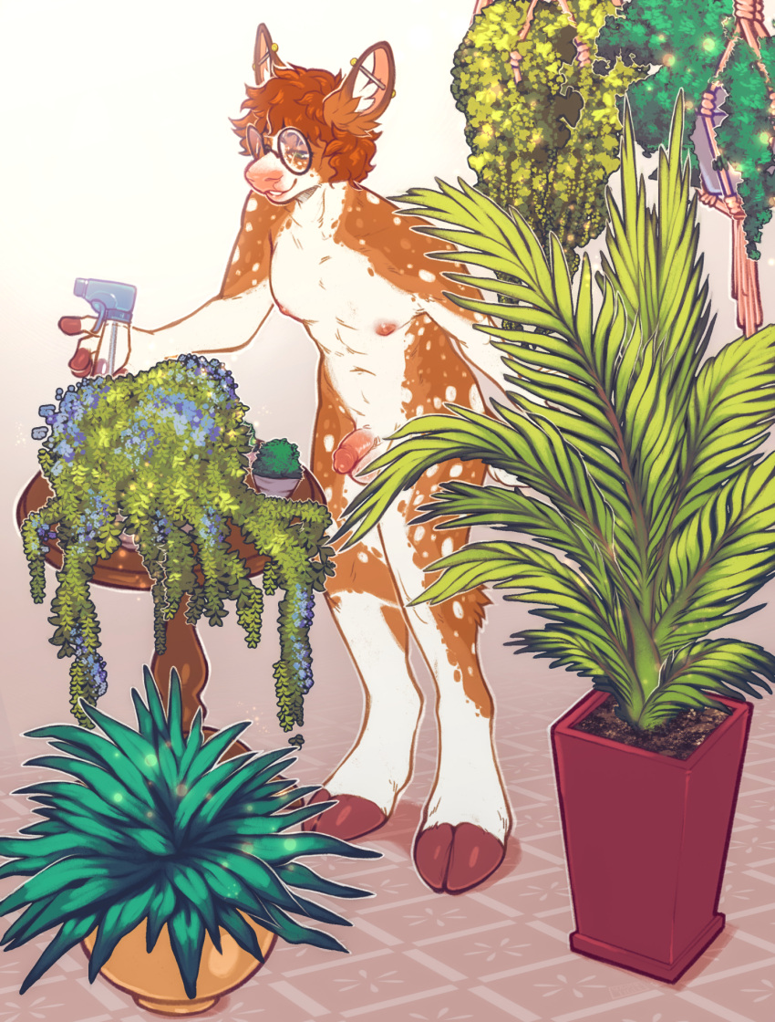 anthro areola balls ear_piercing eyewear full-length_portrait fur genitals glasses green_eyes hair hi_res humanoid_genitalia humanoid_penis industrial_piercing inner_ear_fluff leg_tuft male narrowed_eyes nipples nude orange_body orange_fur penis piercing plant plant_pot portrait potted_plant red_areola red_nipples red_penis round_glasses seraphictiger short_hair solo spots spotted_arms spotted_body spotted_fur spotted_legs standing tuft wearing_glasses white_body white_fur white_inner_ear_fluff