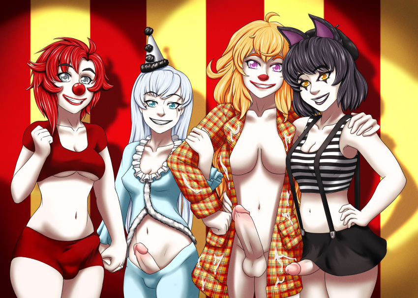 4futas animal_ears balls balls_under_clothes bangs belly_button beret black_hair blake_belladonna blue_eyes bob_cut breasts bulge bulge_through_clothing cat_ears catgirl circus clothed clothing clown clown_girl clown_makeup clown_nose color crop_top cum_on_clothes digital_drawing_(artwork) draco9625 erection erection_under_clothes faunus fully_clothed futa_only futanari holding_arm holding_hands human humanoid humanoid_penis kemonomimi light-skinned_futanari light_skin long_hair looking_at_viewer mime mime_girl mostly_clothed mostly_nude navel nipple_bulge open_jacket penis penis_size_difference penis_under_skirt purple_eyes red_hair rooster_teeth ruby_rose rwby short_hair shorts silver_eyes smile standing stripes suspenders team_rwby underboob weiss_schnee white_hair yang_xiao_long yellow_eyes yellow_hair