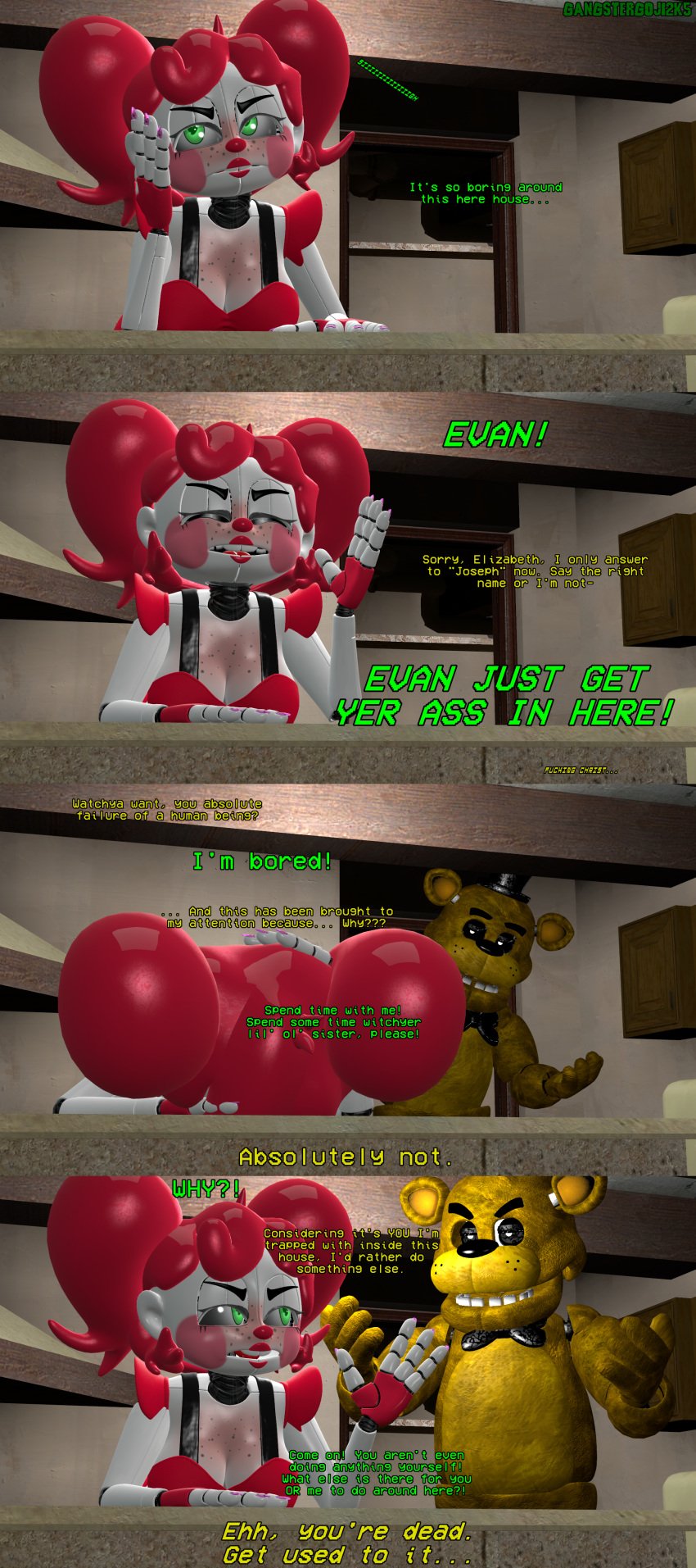 1boy 3d 3d_(artwork) angry animatronic animatronic_female animatronic_girl arguing argument baby_(fnafsl) black_bowtie black_top_hat bowtie bra circus_baby circus_baby_(fnaf) elizabeth_afton female five_nights_at_freddy's five_nights_at_freddy's:_sister_location gangstergoj12k5 golden_freddy golden_freddy_(fnaf) green_eyes haunted male not_porn possessed red_hair sister_location top_hat twintails ultimate_custom_night white_body white_pupils yellow_fur