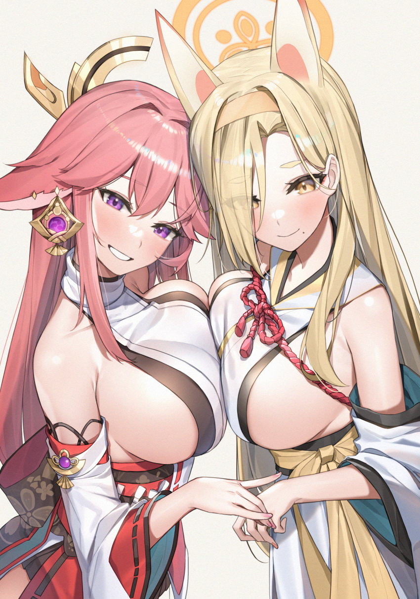 2girls allied_hyakkiyako_academy_student blonde_hair blue_archive breasts crossover female female_only fox_ears fox_girl genshin_impact hair_over_one_eye huge_breasts kaho_(blue_archive) kitsune long_hair miko pink_hair piyo_(pixiv_2308057) purple_eyes shrine_maiden sideboob smile yae_miko yellow_eyes yin-yang_club_(blue_archive)