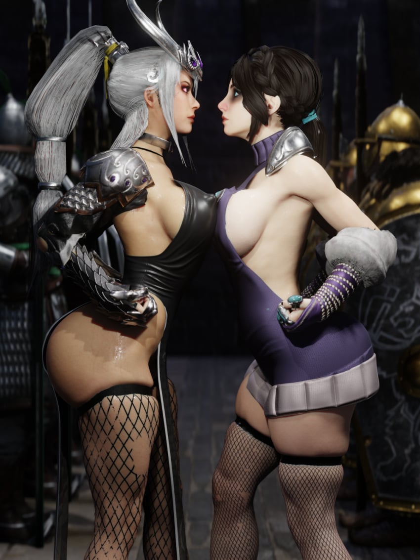 2girls 3d ass breast_docking breast_press catfight dat_ass dress erect_nipples erect_nipples_under_clothes female fishnets huge_ass kislev miao_ying multiple_girls pelvic_curtain rivals sexfight sideboob soboro staredown thick_thighs tzarina_katarin warhammer_(franchise) warhammer_fantasy