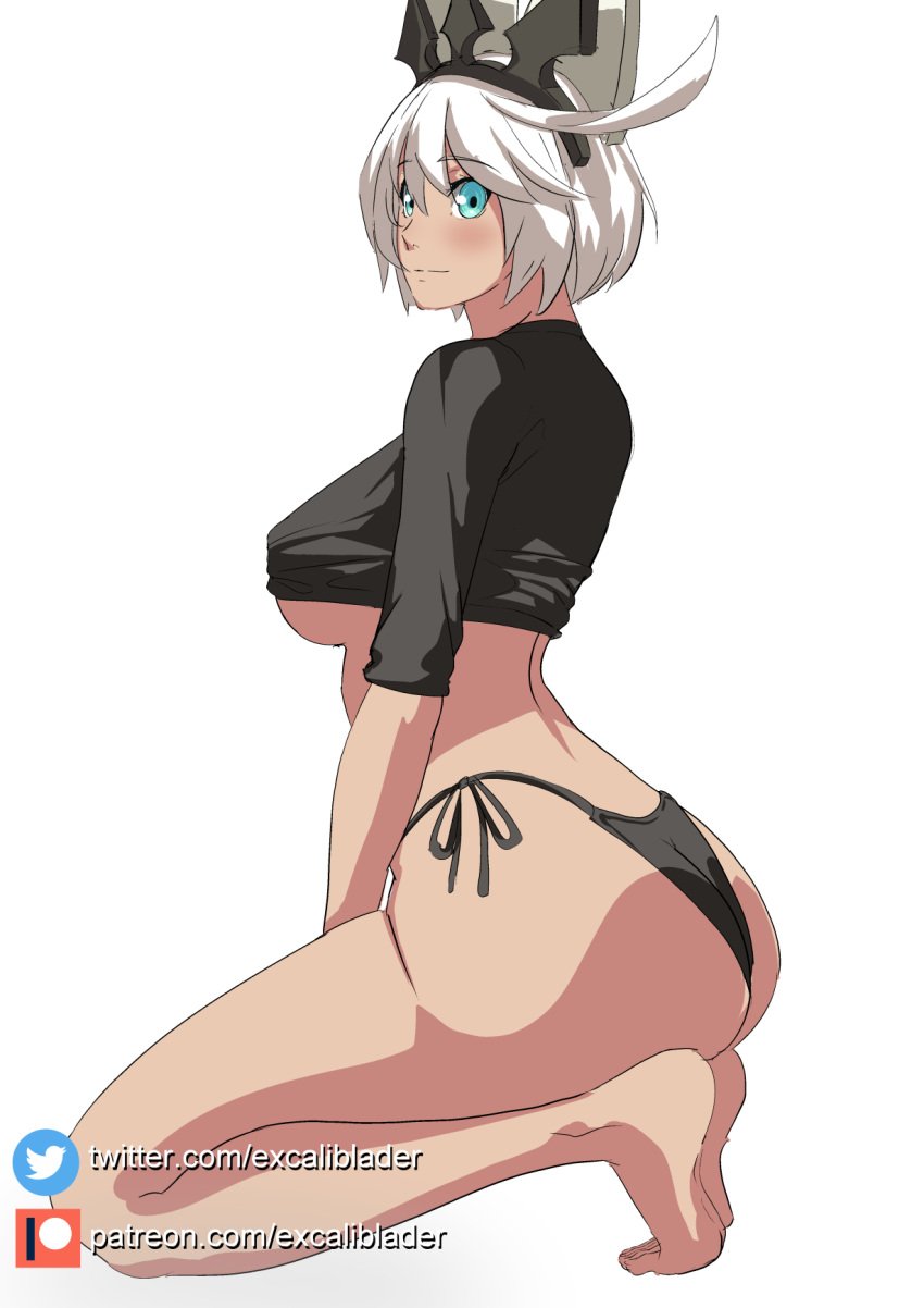 ass ass_focus black_panties black_shirt blue_eyes bunny_ears crown elphelt_valentine excaliblader guilty_gear guilty_gear_xrd legs_folded nipples_covered panties shirt_rolled_up shirt_up white_hair