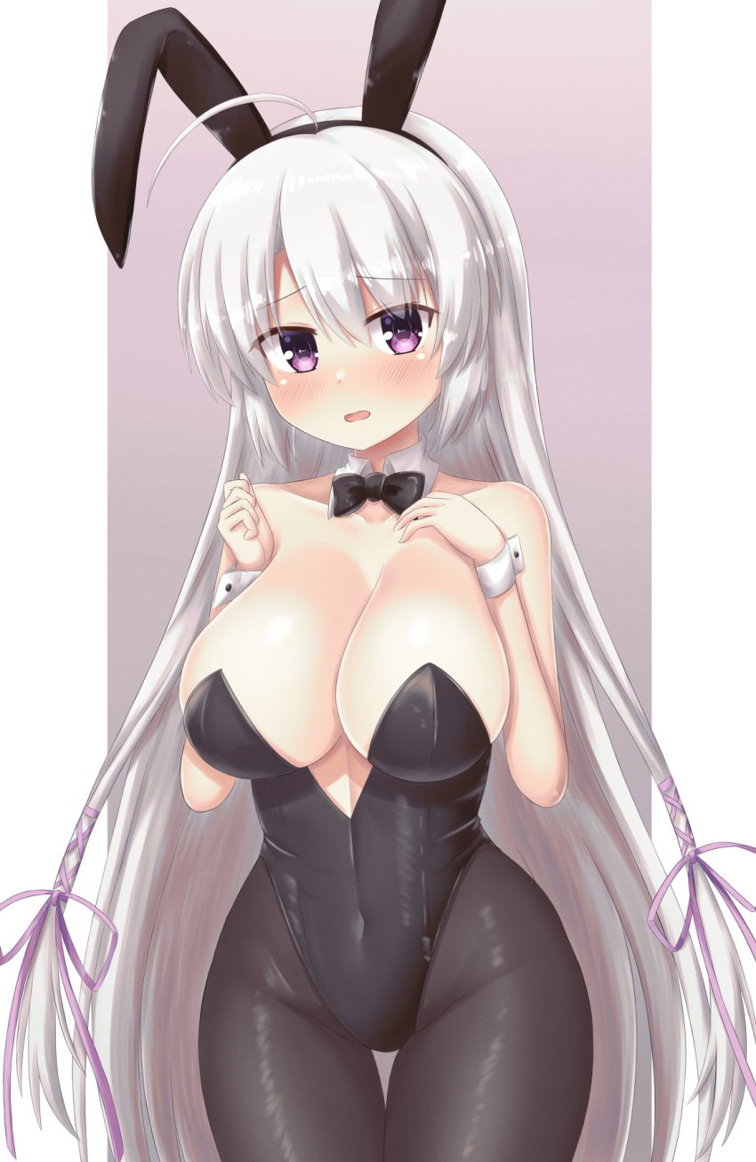 1girls ayachi_nene blush breasts bunnysuit embarrassed eyebrows_visible_through_hair fake_animal_ears fake_rabbit_ears female female_only hair_ornament huge_breasts light-skinned_female light_skin looking_at_viewer purple_eyes purple_hair sanoba_witch solo white_hair yunagi1373 yuzu-soft