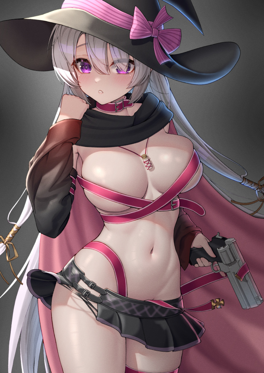 1girls ayachi_nene belly_button belt_bondage belts big_breasts blush breasts cape eyebrows_visible_through_hair female female_only gun hair_ornament hat light-skinned_female light_skin looking_at_viewer necklace okayusonmu purple_eyes sanoba_witch simple_background solo weapon white_background white_hair witch witch_hat yuzu-soft