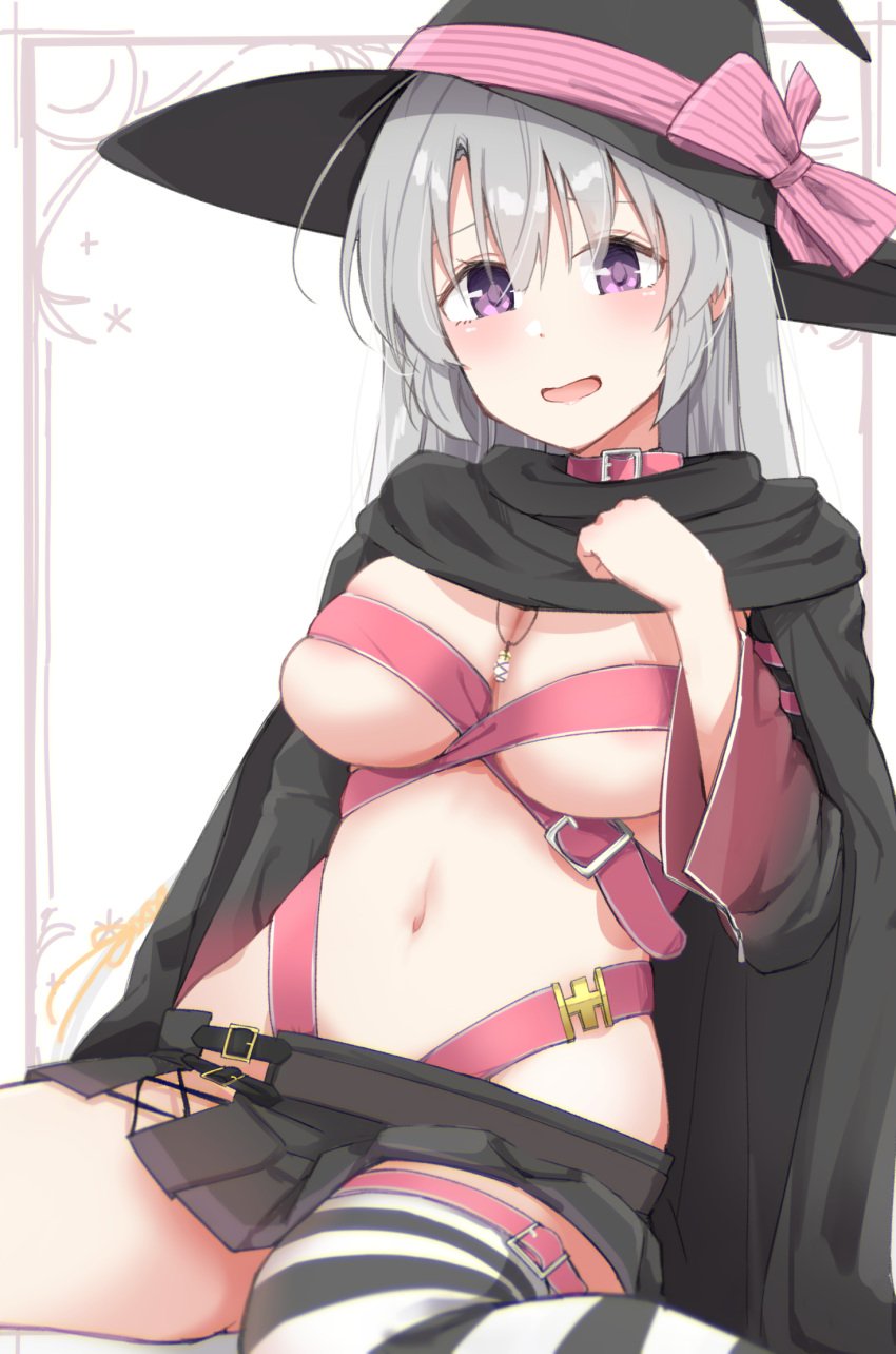 1girls 4lynag ayachi_nene belly_button belt_bondage belts big_breasts blush breasts cape detached_sleeves female female_only grey_hair hat light-skinned_female light_skin looking_at_viewer necklace purple_eyes sanoba_witch solo thighhighs witch witch_hat yuzu-soft