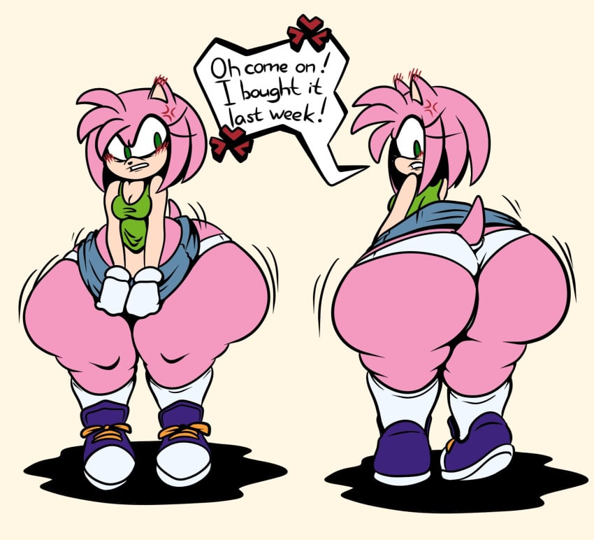 1girls amy_rose anger angry anthro ass blush blush_lines bottom_heavy breasts cleavage different_angle english_text eugene_mcgreen eugenemcgreen female female_focus female_only furry green_eyes hedgehog hedgehog_humanoid hips hyper hyper_ass hyper_hips large_ass looking_back panties pink_fur pink_hair sega shoes short_skirt skirt skirt_too_short socks sonic_(series) sonic_the_hedgehog_(series) tank_top text thick_thighs thighs underwear wide_hips