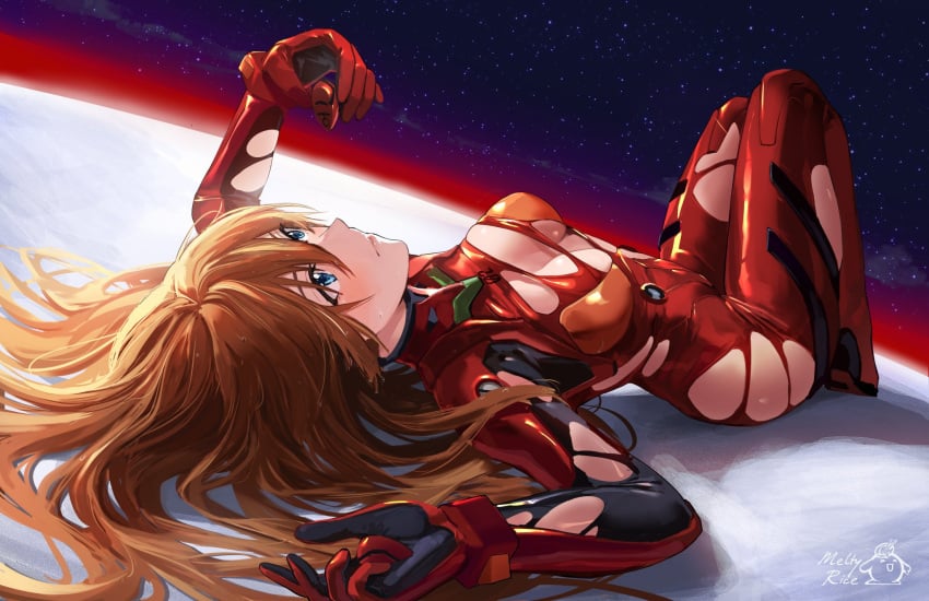 1girls asuka_langley_sohryu blue_eyes blush bodysuit breasts breasts_apart brown_hair female female_only full_body lcl legs_together lying medium_breasts meltyrice neon_genesis_evangelion no_bra on_back outside plugsuit rebuild_of_evangelion revealing_clothes ripped_clothing sky solo starry_sky stars tight_clothing torn_clothes wet wet_hair