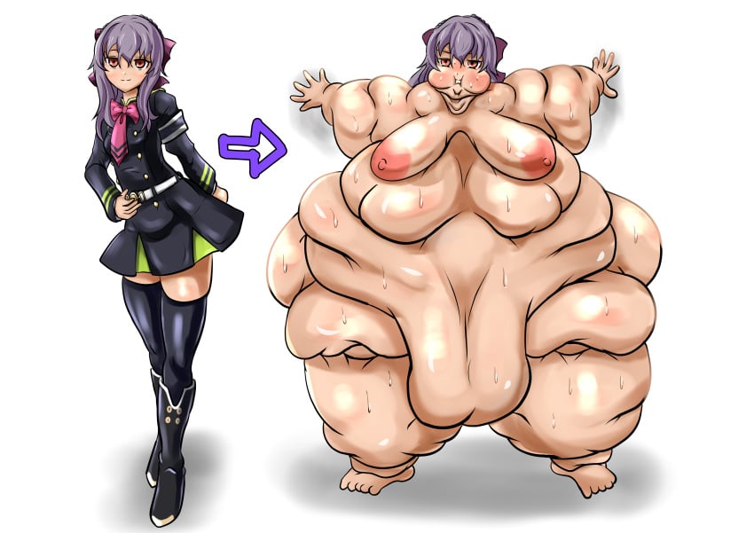 daidaidaihuku fat fat_woman hiiragi_shinoa hyper_fat owari_no_seraph purple_hair red_eyes weight_gain