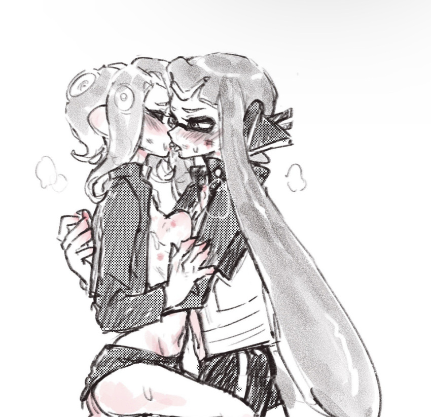 after_kiss agent_3_(splatoon) agent_8_(splatoon) blush breast_press bruise cephalopod_humanoid closed_eyes french_kiss humanoid inkling inkling_girl interspecies kissing long_hair midriff octoling octoling_girl open_clothes short_hair splatoon thenintlichen96 undressing yuri