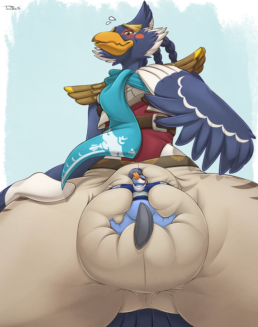 2023 anthro avian big_bulge bird blue_body blue_feathers blush bottomwear breath_of_the_wild bulge bulge_fondling clothing digital_media_(artwork) feathers generation_3_pokemon hi_res hoodie larger_anthro larger_male licking_bulge looking_down male male_focus micro nintendo open_mouth pants perspective_shot pokemon pokemon_(species) revali signature size_difference size_play smaller_male swampert teaselbone the_legend_of_zelda tongue tongue_out topwear worshiping