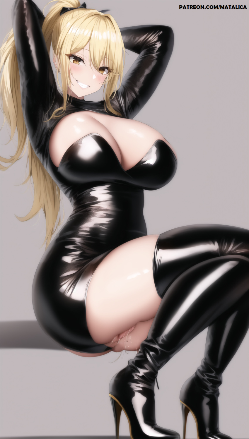 ai_generated arms_behind_head big_breasts blonde_female blonde_hair blonde_hair_female brown_eyes busty cleavage fairy_tail fit fit_female high_heel_boots high_heels huge_breasts large_breasts latex latex_bodysuit latex_clothing latex_dress latex_gloves latex_legwear latex_suit latex_thighhighs lucy_heartfilia matalica novelai pinup pose posing self_upload sensual sitting smile smiling smiling_at_viewer