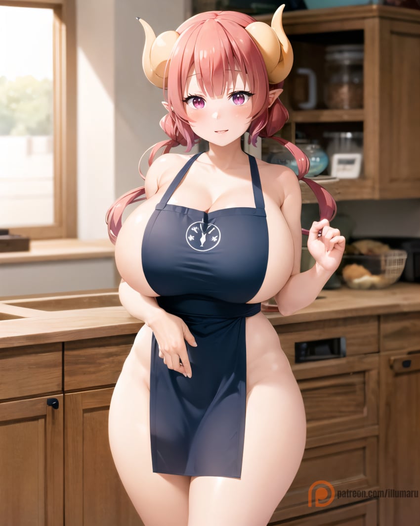 1girls 2023 ai_generated apron apron_only big_breasts blue_apron blush breasts breasts_bigger_than_head cleavage detailed dragon_girl dragon_horns embarrassed female female_focus female_only hi_res hips horns huge_breasts illumaru ilulu_(dragon_maid) kitchen large_breasts long_hair looking_at_viewer miss_kobayashi's_dragon_maid naked naked_apron naked_female nude nude_female pink_eyes pink_hair pointy_ears red_hair slim_waist stable_diffusion standing thick_thighs thighs twintails wide_hips