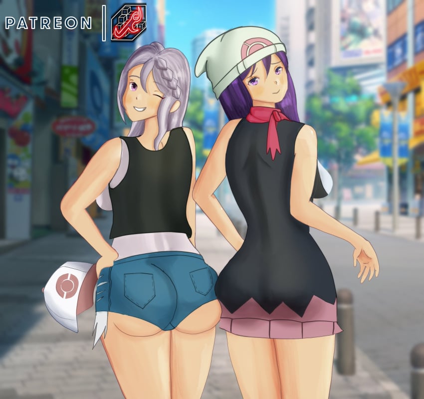 2girls ass back back_view beanie behind_view booty_shorts breasts butt dawn_(pokemon)_(cosplay) doki_doki_literature_club female female_only hat hilda_(pokemon)_(cosplay) j_qilin kotonoha_(doki_doki_literature_club) long_hair nintendo one_eye_closed pokemon purple_eyes purple_hair shorts yuri_(doki_doki_literature_club)