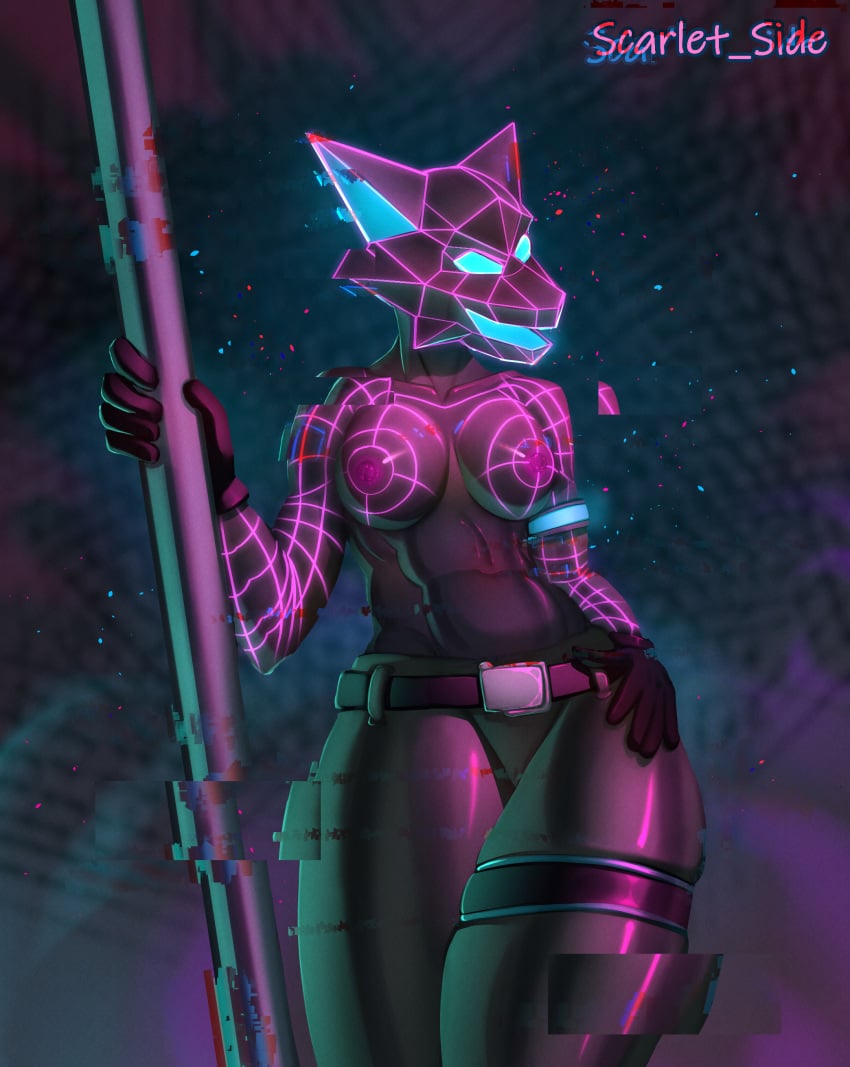 1girls 2023 anthro anthro_only big_breasts breasts bunnywolf_(fortnite) canid canine canis clothed clothing digital_media_(artwork) epic_games female female_only fortnite furry furry_only geometric girl hi_res neon neon_lights nipples open_mouth pants scarlet_side simple_background wolf