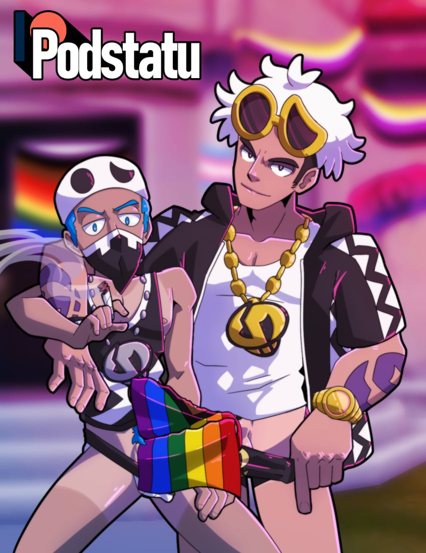 2boys age_difference arm_over_shoulder big_penis blue_eyes blue_hair boss_and_subordinate boxers_(clothing) comparing comparing_penis covering_penis drugged drugs flag flashing grunt_(pokémon) guzma_(pokemon) hard_on head_tilt implied_erection jacket jewelry jockstrap male male_only marijuana mask masked masked_male nipple_slip npc_trainer open_jacket outdoors outside penis_size_difference penis_under_clothing podstatu pokemon pokemon_sm pokemon_trainer posing_for_the_viewer pride_colors pride_flag proud proud_of_his_cock pulling_underwear showing_off size_comparison size_difference skull_grunt smoking smoking_weed stoned subordinate sunglasses_on_head tan_line tan_lines tank_top tattoo team_skull team_skull_grunt teasing teasing_penis teasing_viewer tupp_(pokemon) weed white_hair