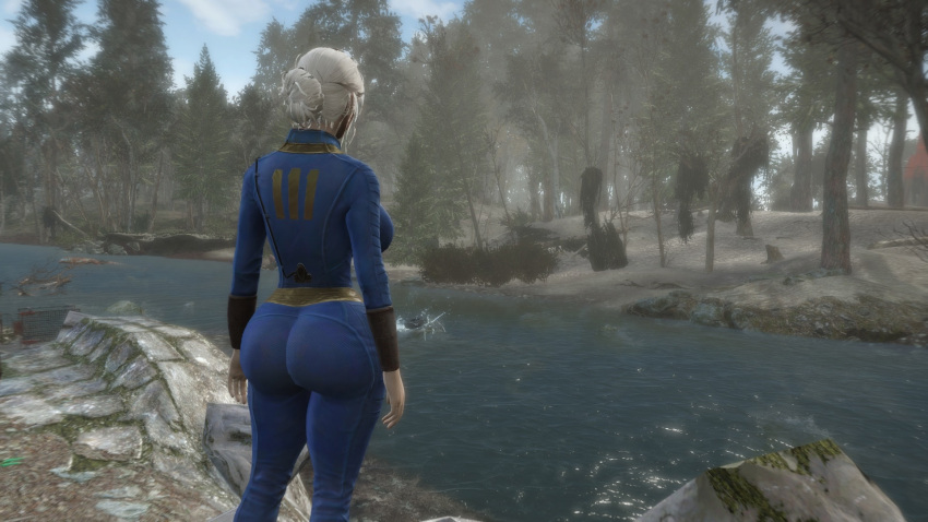 1girls 3d big_ass big_breasts ciri clothing fallout fallout_4 female human pale_skin screenshot vault_suit wasteland