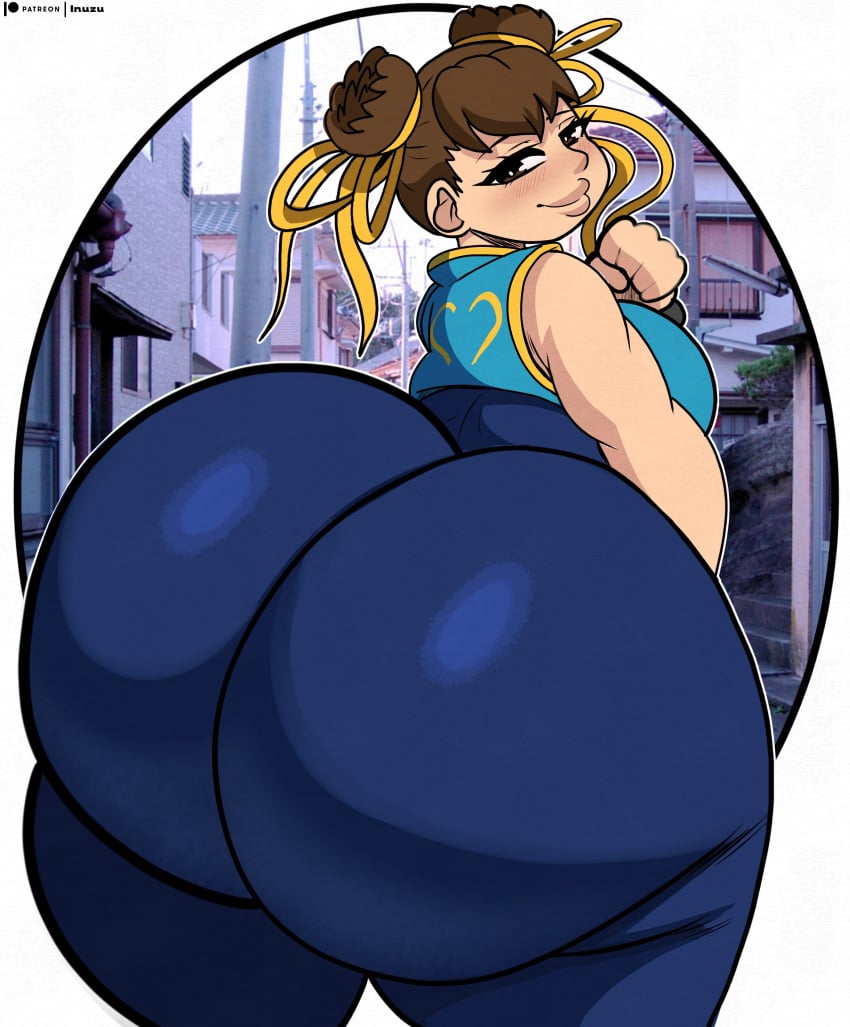 asian ass big_ass blush brown_eyes brown_hair bun_hair capcom chun-li dumptruck_ass female female_only huge_ass inuzu large_ass looking_at_viewer looking_back simple_background street_fighter street_fighter_alpha thick_thighs voluptuous wide_hips