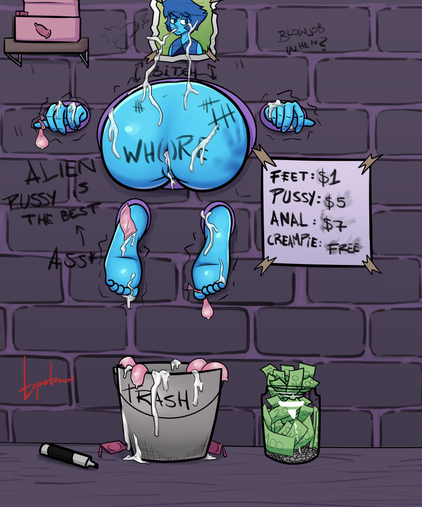 blue_body blue_eyes blue_hair blue_skin body_writing brick_wall bucket condom condom_filling condom_wrapper cum cum_in_ass cum_in_pussy cum_inside cum_on_feet humiliation lapis_lazuli_(steven_universe) markings money picture_frame price sign steven_universe stuck_in_wall through_wall topotown writing_on_body