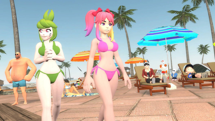 2022 3d 3d_(artwork) 3girls 6boys animal_crossing animal_crossing_boy beach beach_background beach_umbrella bikini crossover female female_scout glitch_productions green_bikini green_hair happy heavy_weapons_guy human kaizo_koorumaniru lowres luigi male mario_(series) melony_(smg4) multiple_boys multiple_girls nintendo no_sex outdoors palm_tree papyrus pink_bikini pink_hair relaxing resort saiko_bichitaru_(smg4) sans shocked_expression shorts skeleton smg4 summer sunglasses team_fortress_2 toby_fox undertale undertale_(series) valve zanzoganzo